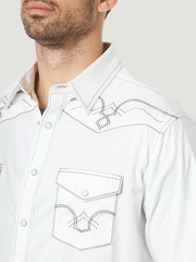 Wrangler 10MRC427W Mens Rock 47 Long Sleeve Embroidered Yoke Solid Western Snap Shirt White pocket and neck view. If you need any assistance with this item or the purchase of this item please call us at five six one seven four eight eight eight zero one Monday through Saturday 10:00a.m EST to 8:00 p.m EST