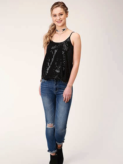 Roper 03-052-0565-0145 Womens Sleeveless Sequin Camisole Black alternate front view. If you need any assistance with this item or the purchase of this item please call us at five six one seven four eight eight eight zero one Monday through Saturday 10:00a.m EST to 8:00 p.m EST