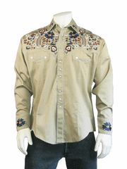 Rockmount 6709 Mens Vintage Floral Embroidery Western Shirt Khaki front view. If you need any assistance with this item or the purchase of this item please call us at five six one seven four eight eight eight zero one Monday through Saturday 10:00a.m EST to 8:00 p.m EST