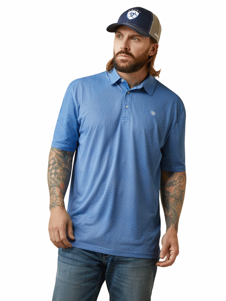 Ariat 10043339 Mens AriatTEK Performance Allover Print Polo Shirt Cobalt front view. If you need any assistance with this item or the purchase of this item please call us at five six one seven four eight eight eight zero one Monday through Saturday 10:00a.m EST to 8:00 p.m EST