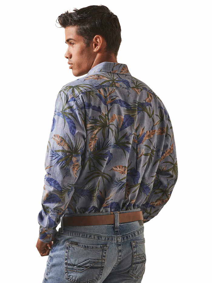 Ariat 10043710 Mens Paradise Palm Long Sleeve Shirt Chambray Blue front view. If you need any assistance with this item or the purchase of this item please call us at five six one seven four eight eight eight zero one Monday through Saturday 10:00a.m EST to 8:00 p.m EST