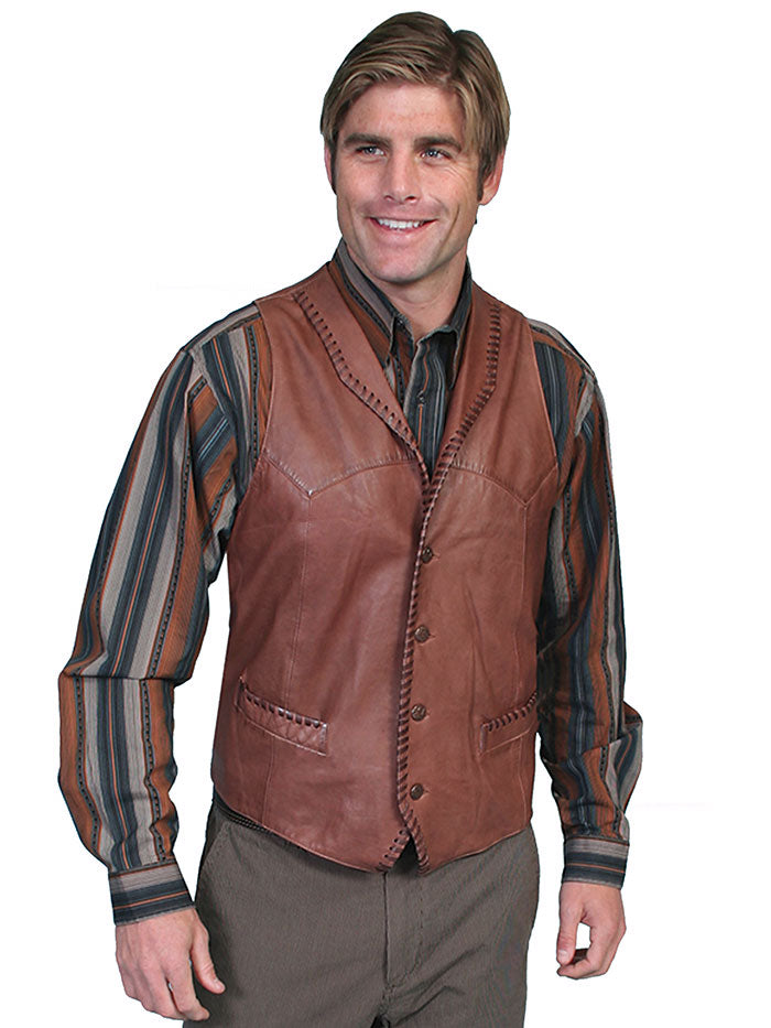 Scully 206 Mens Leather Whip Stitch TrailRider Leather Vests Black Brown Tan front view. If you need any assistance with this item or the purchase of this item please call us at five six one seven four eight eight eight zero one Monday through Saturday 10:00a.m EST to 8:00 p.m EST