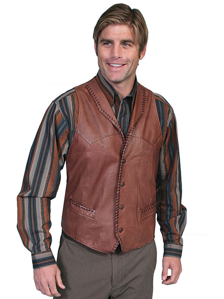 Scully 206 Mens Leather Whip Stitch TrailRider Leather Vests Tan front view. If you need any assistance with this item or the purchase of this item please call us at five six one seven four eight eight eight zero one Monday through Saturday 10:00a.m EST to 8:00 p.m EST
