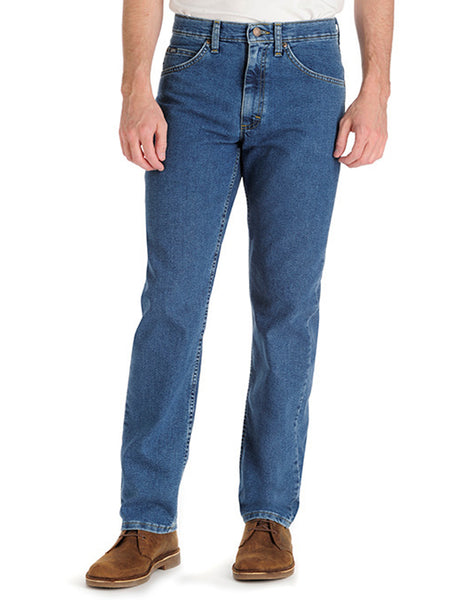 Mens 2042044 2102044 Lee Regular Fit Straight Leg Stretch Jeans Denim front view. If you need any assistance with this item or the purchase of this item please call us at five six one seven four eight eight eight zero one Monday through Saturday 10:00a.m EST to 8:00 p.m EST