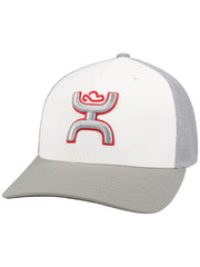 Hooey 2112WHGY-01 "Coach" 5-Panel Flexfit Trucker Hat White and Gray front view. If you need any assistance with this item or the purchase of this item please call us at five six one seven four eight eight eight zero one Monday through Saturday 10:00a.m EST to 8:00 p.m EST