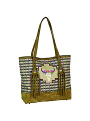 CatchFly 2164600TAN Womens Floral Cow Skull SUEDE FRINGE Tote Tan front view standing. If you need any assistance with this item or the purchase of this item please call us at five six one seven four eight eight eight zero one Monday through Saturday 10:00a.m EST to 8:00 p.m EST