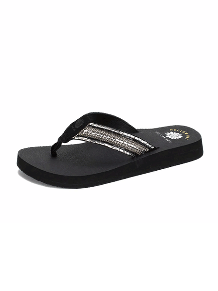 Yellow Box 52679 Womens Nazene Flip Flop Sandals Black side and front view. If you need any assistance with this item or the purchase of this item please call us at five six one seven four eight eight eight zero one Monday through Saturday 10:00a.m EST to 8:00 p.m EST