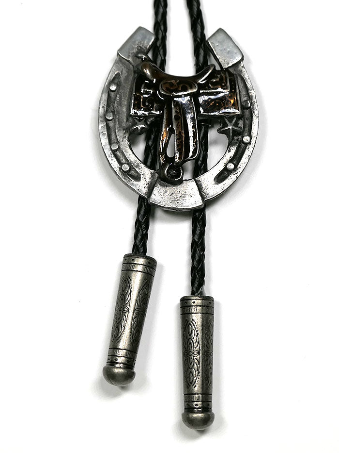 Fashionwest 2410 Saddle & Horseshoe Western Bolo Tie Silver front view. If you need any assistance with this item or the purchase of this item please call us at five six one seven four eight eight eight zero one Monday through Saturday 10:00a.m EST to 8:00 p.m EST