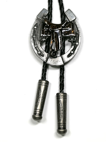 Fashionwest 2410 Saddle & Horseshoe Western Bolo Tie Silver front view close up. If you need any assistance with this item or the purchase of this item please call us at five six one seven four eight eight eight zero one Monday through Saturday 10:00a.m EST to 8:00 p.m EST