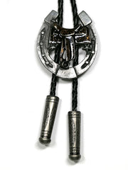 Fashionwest 2410 Saddle & Horseshoe Western Bolo Tie Silver front view close up. If you need any assistance with this item or the purchase of this item please call us at five six one seven four eight eight eight zero one Monday through Saturday 10:00a.m EST to 8:00 p.m EST