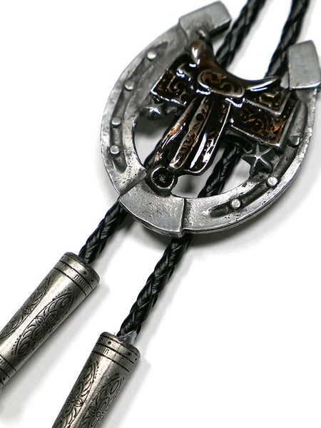 Fashionwest 2410 Saddle & Horseshoe Western Bolo Tie Silver close up alternate view. If you need any assistance with this item or the purchase of this item please call us at five six one seven four eight eight eight zero one Monday through Saturday 10:00a.m EST to 8:00 p.m EST