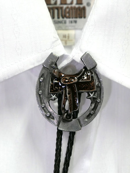 Fashionwest 2410 Saddle & Horseshoe Western Bolo Tie Silver front view. If you need any assistance with this item or the purchase of this item please call us at five six one seven four eight eight eight zero one Monday through Saturday 10:00a.m EST to 8:00 p.m EST