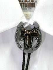 Fashionwest 2410 Saddle & Horseshoe Western Bolo Tie Silver front view. If you need any assistance with this item or the purchase of this item please call us at five six one seven four eight eight eight zero one Monday through Saturday 10:00a.m EST to 8:00 p.m EST