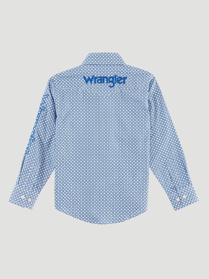Wrangler 112314857 Boys Logo Long Sleeve Western Shirt White Puff front view. If you need any assistance with this item or the purchase of this item please call us at five six one seven four eight eight eight zero one Monday through Saturday 10:00a.m EST to 8:00 p.m EST
