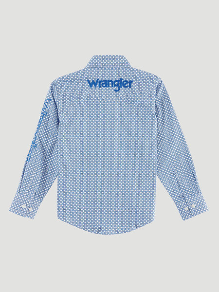 Wrangler 112314857 Boys Logo Long Sleeve Western Shirt White Puff back view. If you need any assistance with this item or the purchase of this item please call us at five six one seven four eight eight eight zero one Monday through Saturday 10:00a.m EST to 8:00 p.m EST