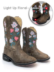 Roper 09-018-1203-2761 Kids Dazzle Light Up Floral Square Toe Western Boots Brown pair toddlers and Kids. If you need any assistance with this item or the purchase of this item please call us at five six one seven four eight eight eight zero one Monday through Saturday 10:00a.m EST to 8:00 p.m EST