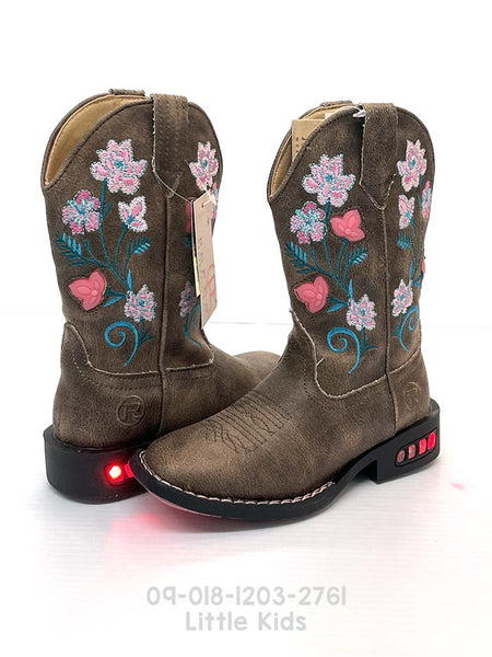 Roper 09-018-1203-2761 Kids Dazzle Light Up Floral Square Toe Western Boots Brown for kids side and back view. If you need any assistance with this item or the purchase of this item please call us at five six one seven four eight eight eight zero one Monday through Saturday 10:00a.m EST to 8:00 p.m EST