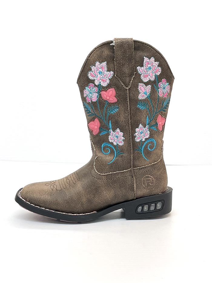 Roper 09-018-1203-2761 Kids Dazzle Light Up Floral Square Toe Western Boots Brown pair toddlers and Kids. If you need any assistance with this item or the purchase of this item please call us at five six one seven four eight eight eight zero one Monday through Saturday 10:00a.m EST to 8:00 p.m EST