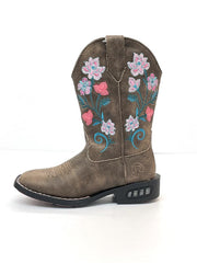 Roper 09-018-1203-2761 Kids Dazzle Light Up Floral Square Toe Western Boots Brown for big kids side view. If you need any assistance with this item or the purchase of this item please call us at five six one seven four eight eight eight zero one Monday through Saturday 10:00a.m EST to 8:00 p.m EST
