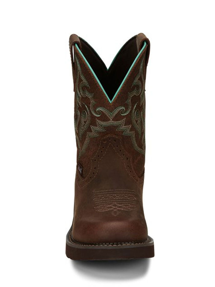Justin GY9606 Womens Western Boot Chocolate Brown front / side view pair. If you need any assistance with this item or the purchase of this item please call us at five six one seven four eight eight eight zero one Monday through Saturday 10:00a.m EST to 8:00 p.m EST