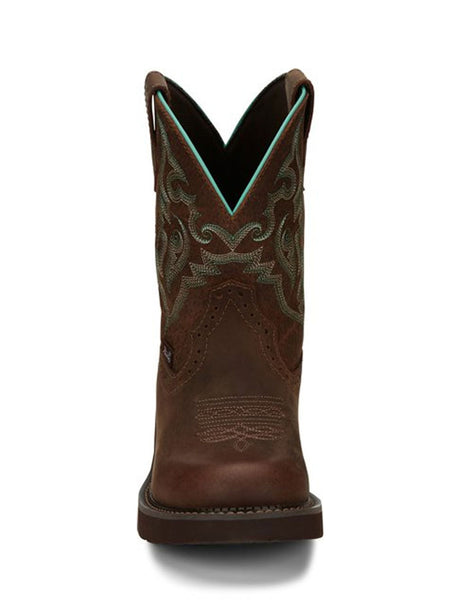 Justin GY9606 Womens Western Boot Chocolate Brown front view. If you need any assistance with this item or the purchase of this item please call us at five six one seven four eight eight eight zero one Monday through Saturday 10:00a.m EST to 8:00 p.m EST