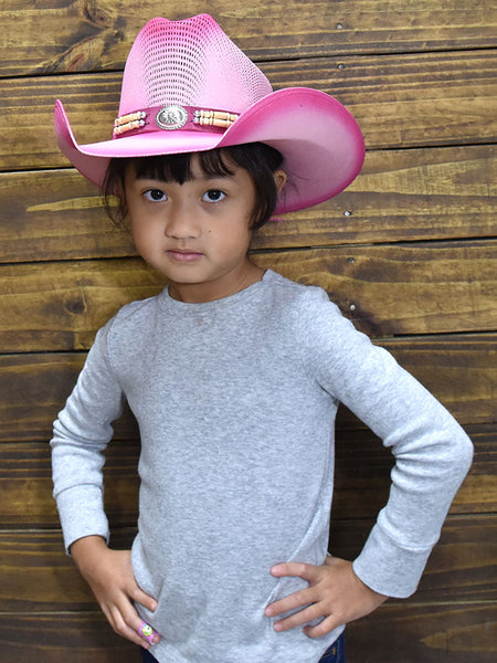 Bullhide LITTLE GOODBYE 2814P Kids Straw Hat Pink on model. If you need any assistance with this item or the purchase of this item please call us at five six one seven four eight eight eight zero one Monday through Saturday 10:00a.m EST to 8:00 p.m EST