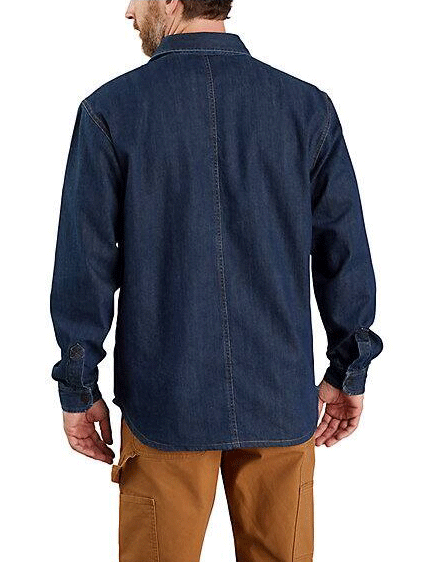Carhartt 105605-H84 Mens Denim Fleece Lined Snap-Front Shirt Jac Glacier back view on model. If you need any assistance with this item or the purchase of this item please call us at five six one seven four eight eight eight zero one Monday through Saturday 10:00a.m EST to 8:00 p.m EST