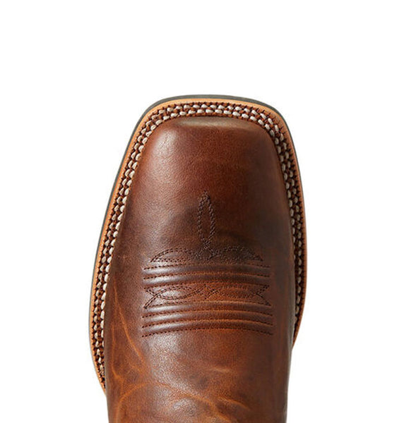 Ariat 10040428 Mens Brushrider Western Boot Penny Brown toe view from above. If you need any assistance with this item or the purchase of this item please call us at five six one seven four eight eight eight zero one Monday through Saturday 10:00a.m EST to 8:00 p.m EST