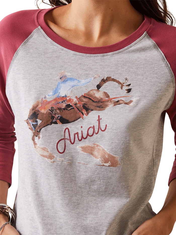 Ariat 10043409 Womens Painted Dreams T-Shirt Grey And Earth Red front view. If you need any assistance with this item or the purchase of this item please call us at five six one seven four eight eight eight zero one Monday through Saturday 10:00a.m EST to 8:00 p.m EST