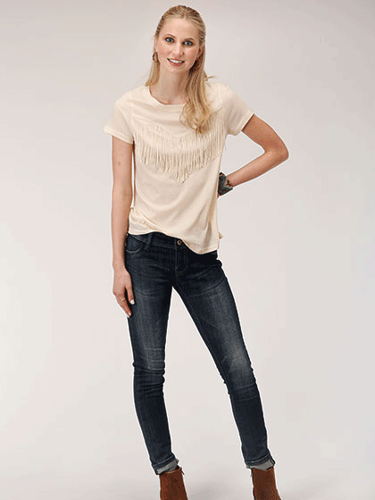 Roper 03-039-0514-6090 Womens Short Sleeve Novelty Fringe Tee Cream front view. If you need any assistance with this item or the purchase of this item please call us at five six one seven four eight eight eight zero one Monday through Saturday 10:00a.m EST to 8:00 p.m EST