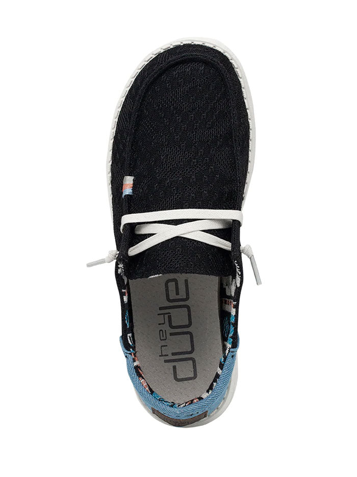 Hey Dude 121414790 Womens Wendy Boho Shoe Black front view and sole view. If you need any assistance with this item or the purchase of this item please call us at five six one seven four eight eight eight zero one Monday through Saturday 10:00a.m EST to 8:00 p.m EST