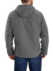 Carhartt 104392-GVL Mens Washed Duck Sherpa Lined Jacket Gravel back view. If you need any assistance with this item or the purchase of this item please call us at five six one seven four eight eight eight zero one Monday through Saturday 10:00a.m EST to 8:00 p.m EST