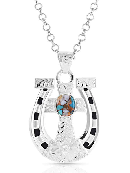 Montana Silversmiths NC5014 Womens Sole to Soul Horseshoe Cross Necklace Silver front view. If you need any assistance with this item or the purchase of this item please call us at five six one seven four eight eight eight zero one Monday through Saturday 10:00a.m EST to 8:00 p.m EST