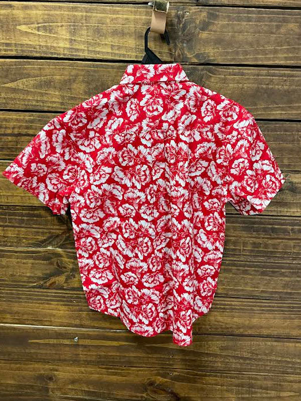 Panhandle C1D3176 Kids Boys Floral Short Sleeve Button Shirts Red front view on model