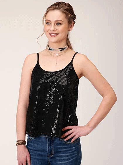 Roper 03-052-0565-0145 Womens Sleeveless Sequin Camisole Black front view. If you need any assistance with this item or the purchase of this item please call us at five six one seven four eight eight eight zero one Monday through Saturday 10:00a.m EST to 8:00 p.m EST