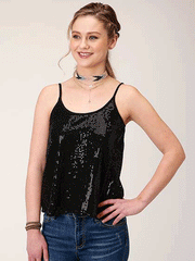 Roper 03-052-0565-0145 Womens Sleeveless Sequin Camisole Black front view. If you need any assistance with this item or the purchase of this item please call us at five six one seven four eight eight eight zero one Monday through Saturday 10:00a.m EST to 8:00 p.m EST