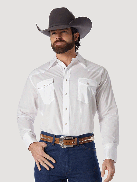 Wrangler 71105WH Mens Solid Broadcloth Western Snap Shirt White front view.If you need any assistance with this item or the purchase of this item please call us at five six one seven four eight eight eight zero one Monday through Saturday 10:00a.m EST to 8:00 p.m EST