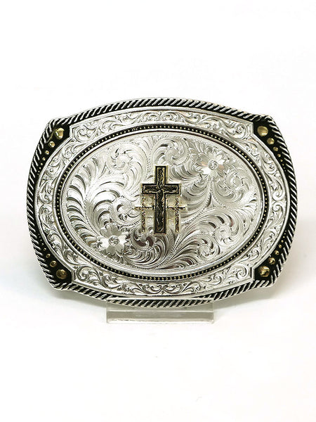 Montana Silversmiths 31210-855 Triple Cross Figure Two Tone Roped Cameo Buckle Silver front view. If you need any assistance with this item or the purchase of this item please call us at five six one seven four eight eight eight zero one Monday through Saturday 10:00a.m EST to 8:00 p.m EST