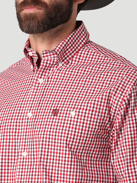 Wrangler 112319001 Mens George Strait Long Sleeve Button Down Stripe Shirt Picnic Red front pocket close up. If you need any assistance with this item or the purchase of this item please call us at five six one seven four eight eight eight zero one Monday through Saturday 10:00a.m EST to 8:00 p.m EST
