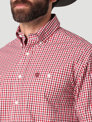 Wrangler 112319001 Mens George Strait Long Sleeve Button Down Stripe Shirt Picnic Red front pocket close up. If you need any assistance with this item or the purchase of this item please call us at five six one seven four eight eight eight zero one Monday through Saturday 10:00a.m EST to 8:00 p.m EST