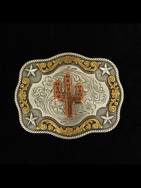 Nocona 37400 Rectangle Rope Edge Copper Cactus Buckle Antique Gold And Antique Silver front view