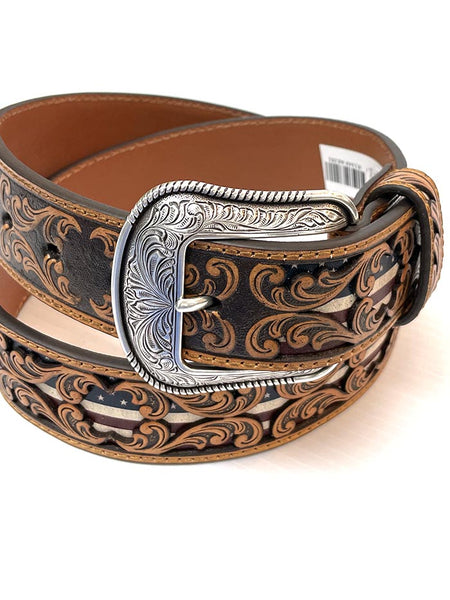3D D100012408 Mens Tooled Overlay USA Flag Underlay Leather Belt Tan close up. If you need any assistance with this item or the purchase of this item please call us at five six one seven four eight eight eight zero one Monday through Saturday 10:00a.m EST to 8:00 p.m EST