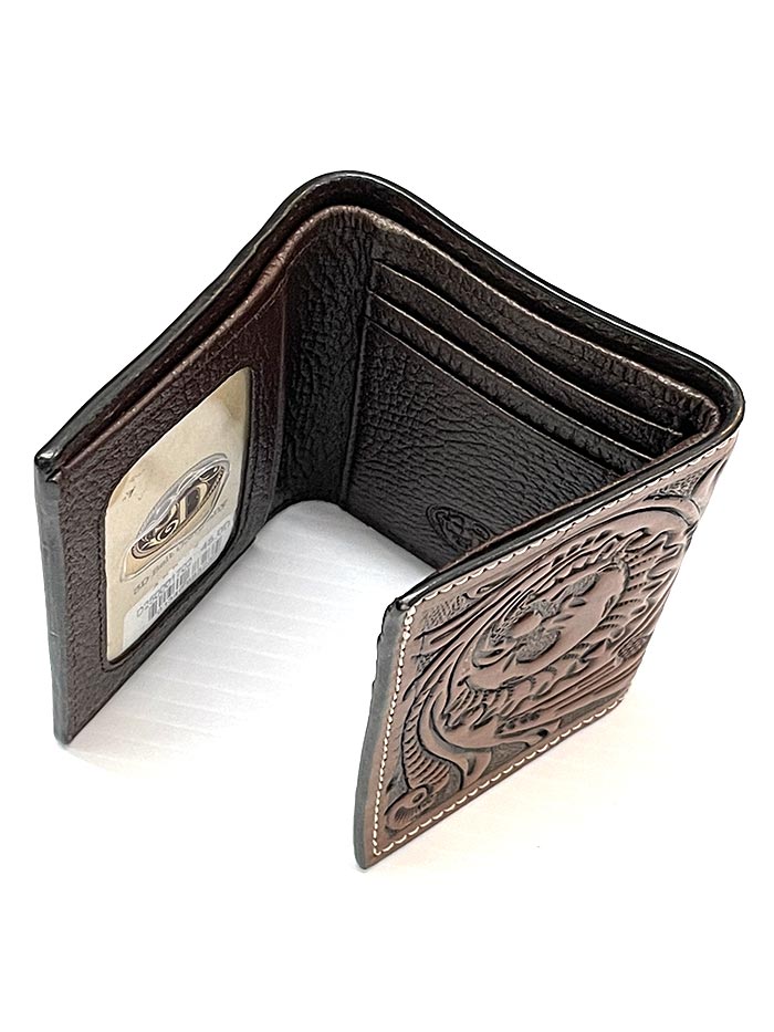 3D D250001702 Mens Trifold Floral Acorn Tooled Brown front view. If you need any assistance with this item or the purchase of this item please call us at five six one seven four eight eight eight zero one Monday through Saturday 10:00a.m EST to 8:00 p.m EST