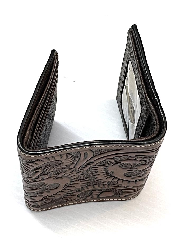 3D D250001702 Mens Trifold Floral Acorn Tooled Brown front view. If you need any assistance with this item or the purchase of this item please call us at five six one seven four eight eight eight zero one Monday through Saturday 10:00a.m EST to 8:00 p.m EST