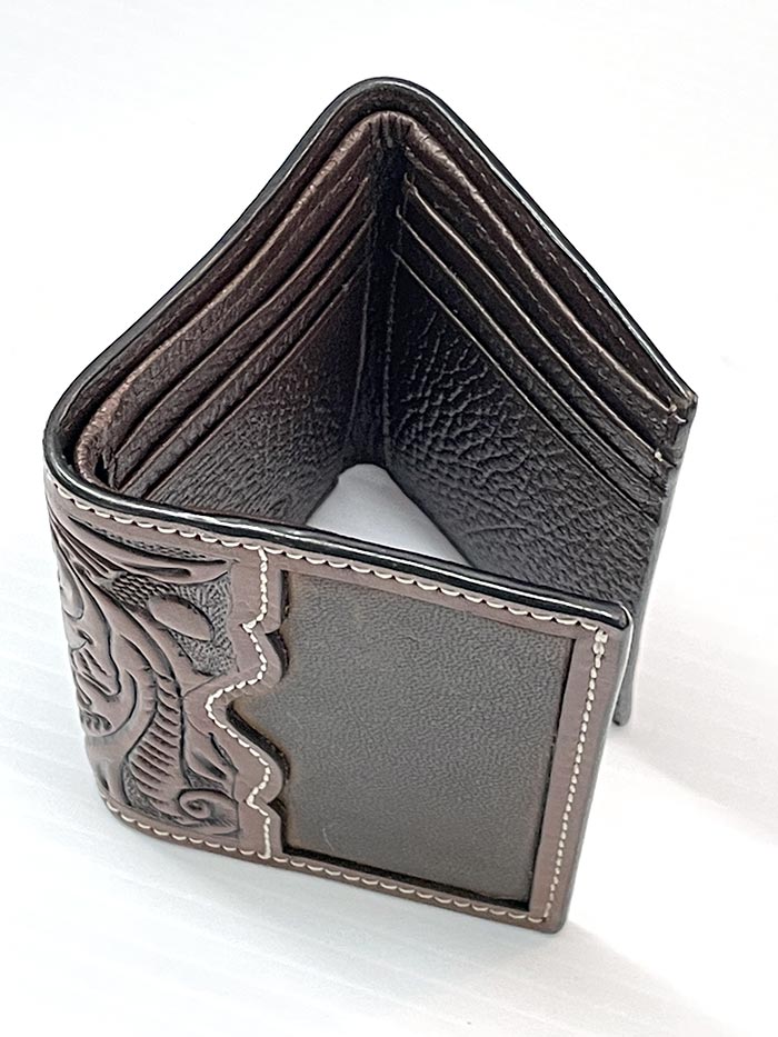 3D D250001702 Mens Trifold Floral Acorn Tooled Brown front view. If you need any assistance with this item or the purchase of this item please call us at five six one seven four eight eight eight zero one Monday through Saturday 10:00a.m EST to 8:00 p.m EST