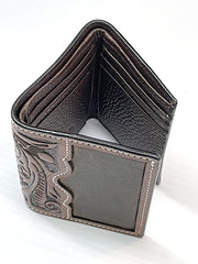 3D D250001702 Mens Trifold Floral Acorn Tooled Brown card slots view. If you need any assistance with this item or the purchase of this item please call us at five six one seven four eight eight eight zero one Monday through Saturday 10:00a.m EST to 8:00 p.m EST