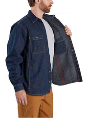 Carhartt 105605-H84 Mens Denim Fleece Lined Snap-Front Shirt Jac Glacier side view on model. If you need any assistance with this item or the purchase of this item please call us at five six one seven four eight eight eight zero one Monday through Saturday 10:00a.m EST to 8:00 p.m EST
