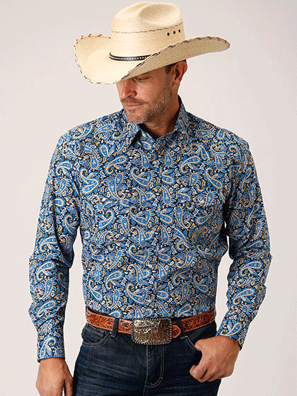 Roper 3-01-225-2015 Mens Long Sleeve Paisley Western Shirt Blue front view. If you need any assistance with this item or the purchase of this item please call us at five six one seven four eight eight eight zero one Monday through Saturday 10:00a.m EST to 8:00 p.m EST