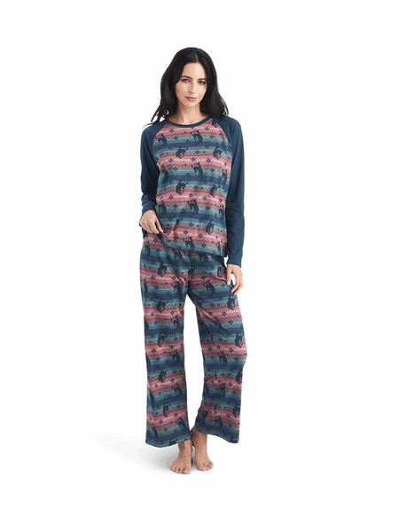 Ariat 10042606 Womens Long Sleeve Pajama Set Bucking Serape Blue front view. If you need any assistance with this item or the purchase of this item please call us at five six one seven four eight eight eight zero one Monday through Saturday 10:00a.m EST to 8:00 p.m EST