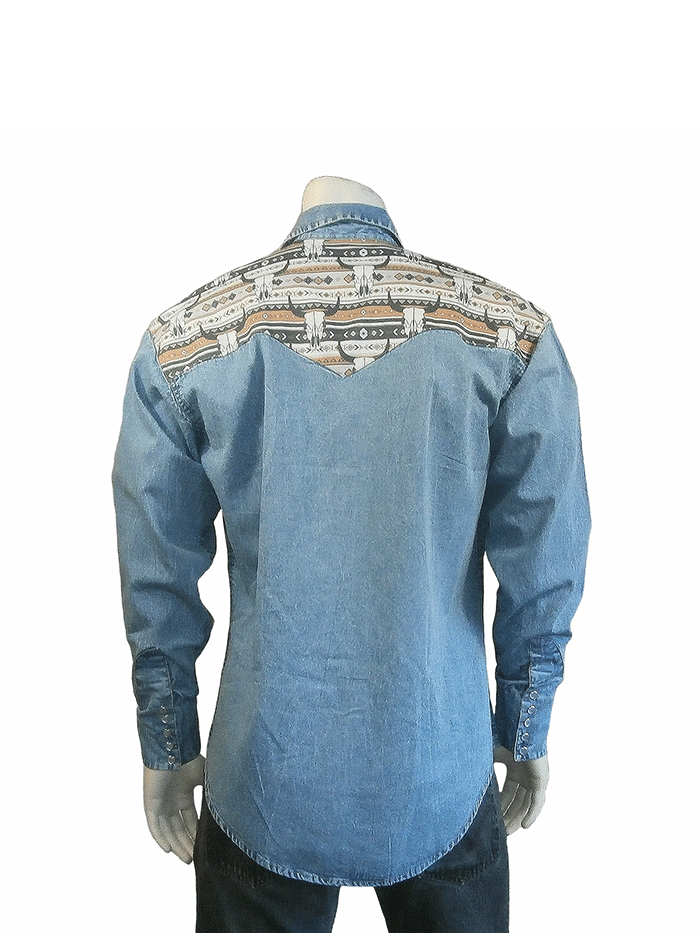 Rockmount 6721-D Mens Vintage 2-Tone Steer Skull Embroidery Western Shirt Denim front view. If you need any assistance with this item or the purchase of this item please call us at five six one seven four eight eight eight zero one Monday through Saturday 10:00a.m EST to 8:00 p.m EST